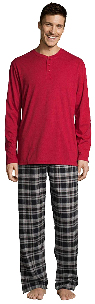 Hanes Men's L Pajama Set Long Sleeve Plaid Gray crew top shirt Flannel Pants NWT 